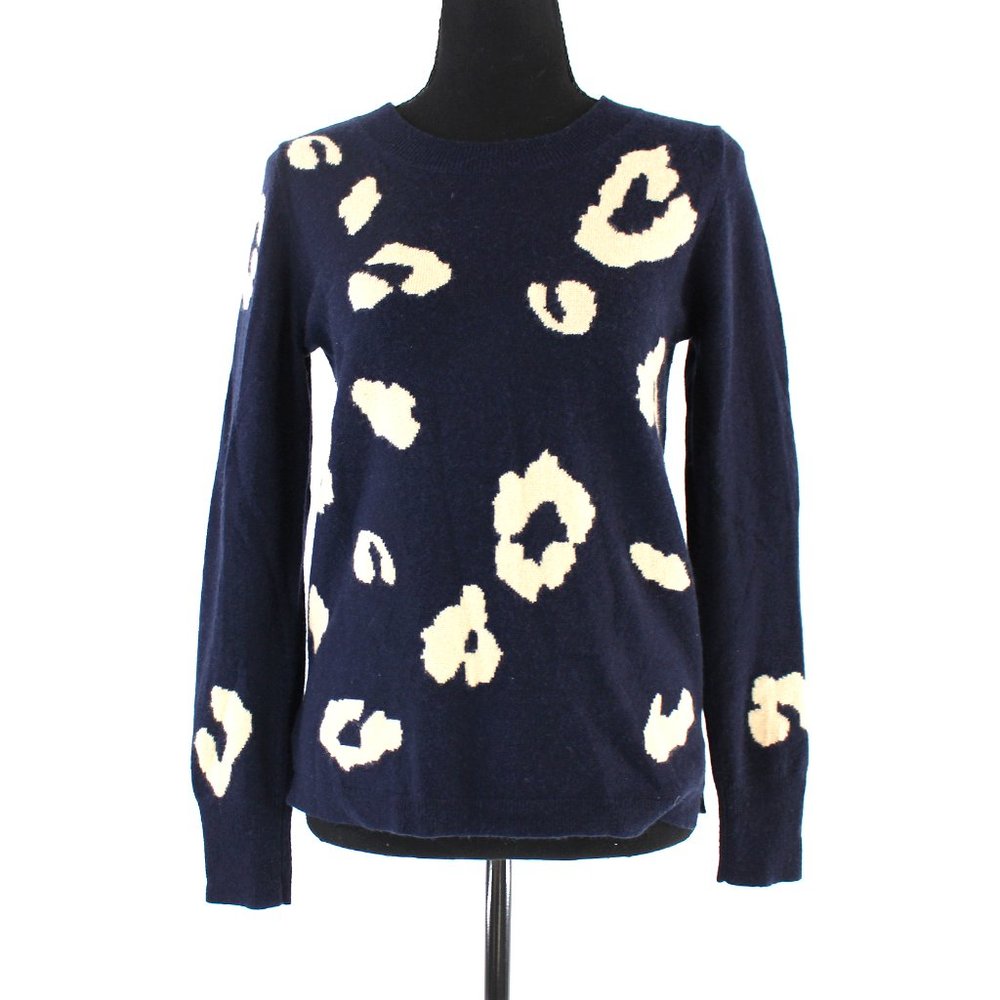 J. Crew Cashmere Everyday Navy Tan Leopard Print Crewneck Sweater XS Pullover